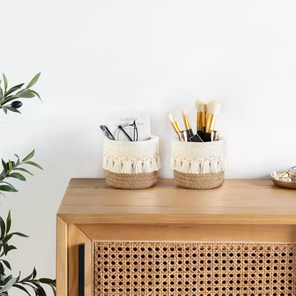 Mkono Macrame Makeup Brush Holder Organizer Comb Brushes Mini Storage Basket Set of 2 Boho Decor Baskets for Pen Pencil Box Container IvoryBrown