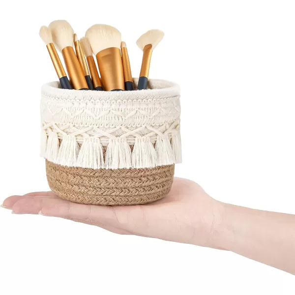Mkono Macrame Makeup Brush Holder Organizer Comb Brushes Mini Storage Basket Set of 2 Boho Decor Baskets for Pen Pencil Box Container IvoryBrown