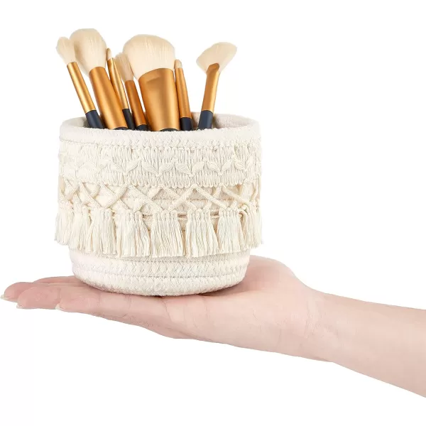 Mkono Macrame Makeup Brush Holder Organizer Comb Brushes Mini Storage Basket Set of 2 Boho Decor Baskets for Pen Pencil Box Container IvoryIvory