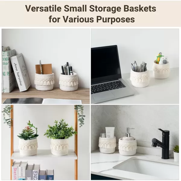 Mkono Macrame Makeup Brush Holder Organizer Comb Brushes Mini Storage Basket Set of 2 Boho Decor Baskets for Pen Pencil Box Container IvoryIvory