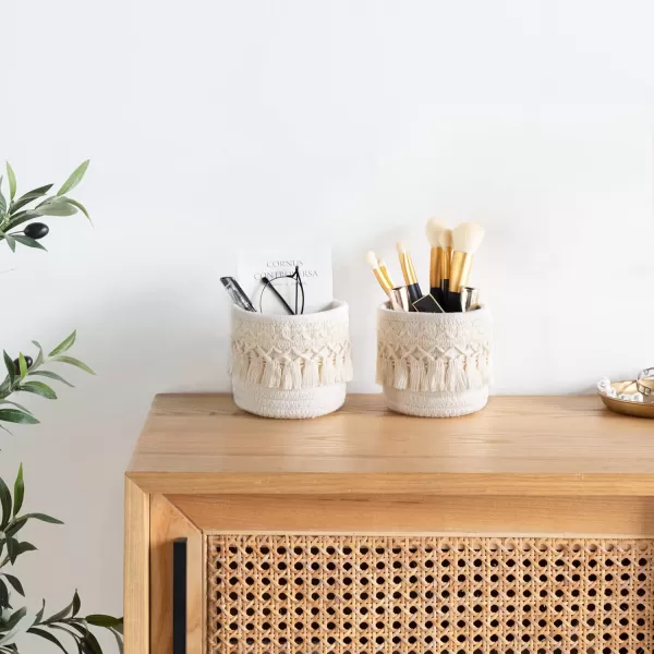 Mkono Macrame Makeup Brush Holder Organizer Comb Brushes Mini Storage Basket Set of 2 Boho Decor Baskets for Pen Pencil Box Container IvoryIvory