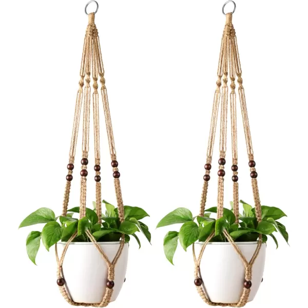 Mkono Macrame Plant Hanger Indoor Hanging Planter Basket with Wood Beads Decorative Flower Pot Holder No Tassels for Indoor Outdoor Boho Home Decor 35 Inch Ivory Set of 1 POTS NOT IncludedBrown