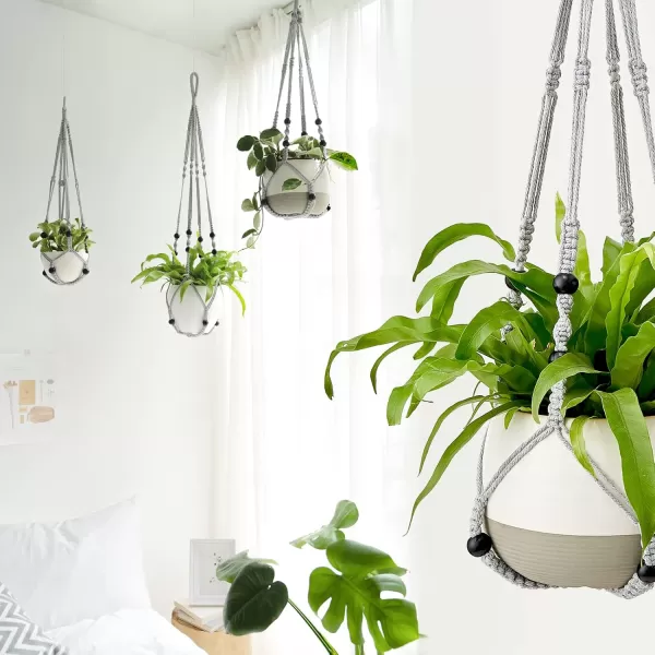 Mkono Macrame Plant Hanger Indoor Hanging Planter Basket with Wood Beads Decorative Flower Pot Holder No Tassels for Indoor Outdoor Boho Home Decor 35 Inch Ivory Set of 1 POTS NOT IncludedGray