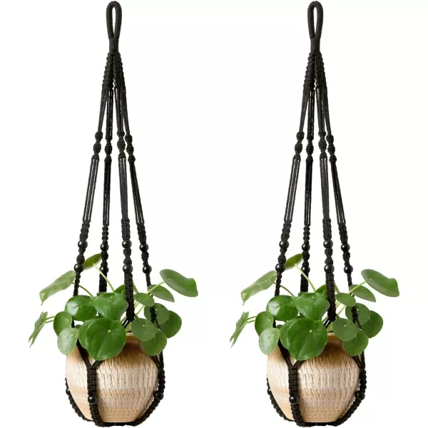 Mkono Macrame Plant Hanger Indoor Hanging Planter Basket with Wood Beads Decorative Flower Pot Holder No Tassels for Indoor Outdoor Boho Home Decor 35 Inch Ivory Set of 1 POTS NOT IncludedBlack