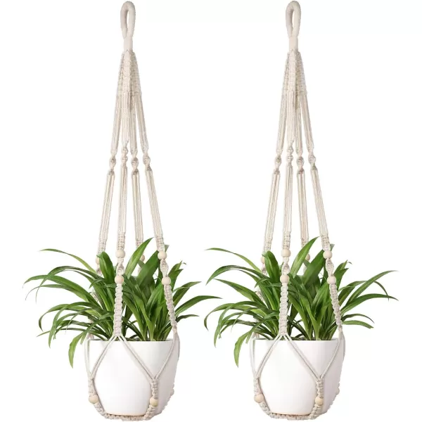 Mkono Macrame Plant Hanger Indoor Hanging Planter Basket with Wood Beads Decorative Flower Pot Holder No Tassels for Indoor Outdoor Boho Home Decor 35 Inch Ivory Set of 1 POTS NOT IncludedIvory