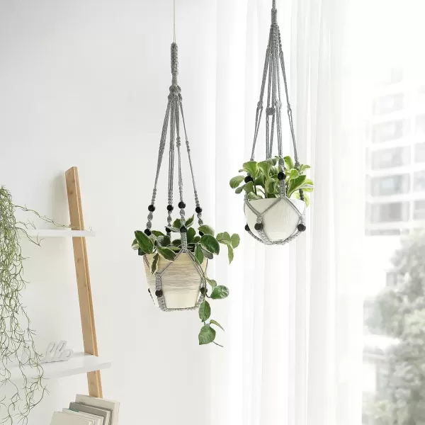 Mkono Macrame Plant Hanger Indoor Hanging Planter Basket with Wood Beads Decorative Flower Pot Holder No Tassels for Indoor Outdoor Boho Home Decor 35 Inch Ivory Set of 1 POTS NOT IncludedGray