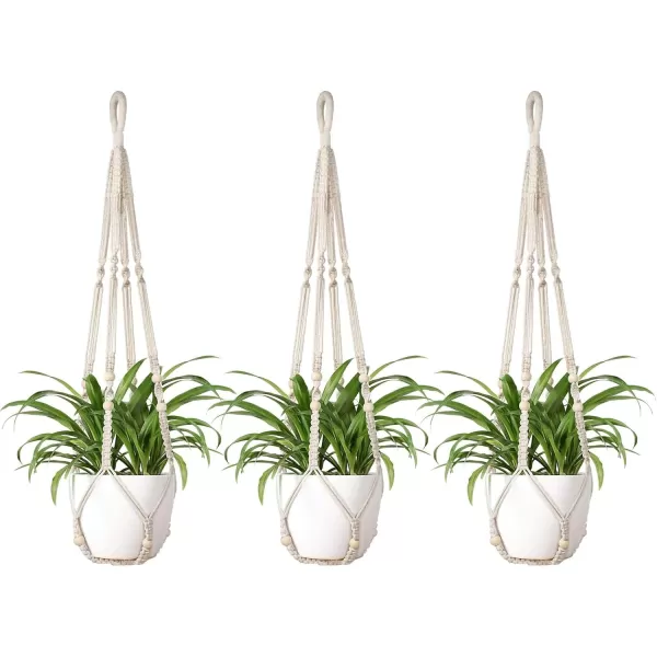 Mkono Macrame Plant Hanger Indoor Hanging Planter Basket with Wood Beads Decorative Flower Pot Holder No Tassels for Indoor Outdoor Boho Home Decor 35 Inch Ivory Set of 1 POTS NOT IncludedIvory