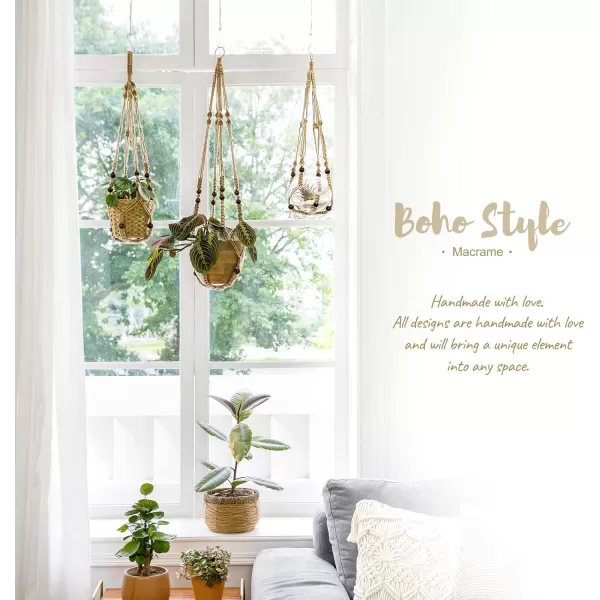 Mkono Macrame Plant Hanger Indoor Hanging Planter Basket with Wood Beads Decorative Flower Pot Holder No Tassels for Indoor Outdoor Boho Home Decor 35 Inch Ivory Set of 1 POTS NOT IncludedBrown