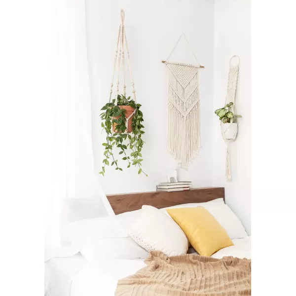 Mkono Macrame Plant Hanger Indoor Hanging Planter Basket with Wood Beads Decorative Flower Pot Holder No Tassels for Indoor Outdoor Boho Home Decor 35 Inch Ivory Set of 1 POTS NOT IncludedIvory