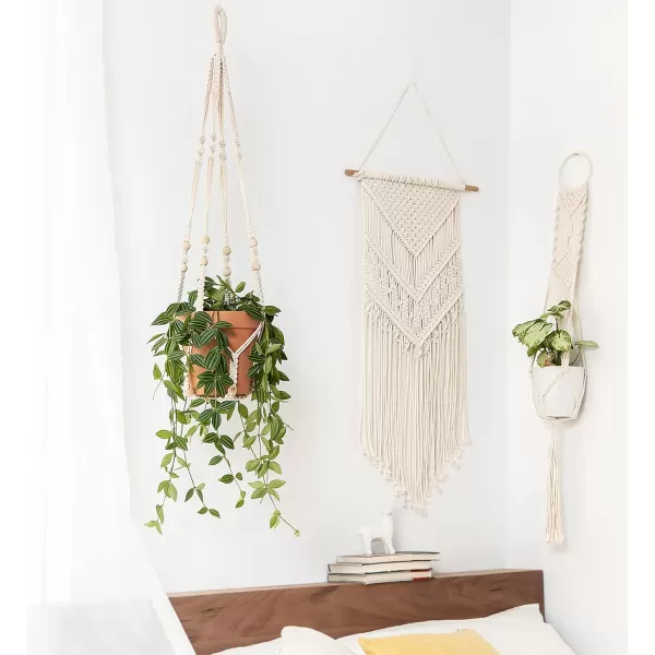 Mkono Macrame Plant Hanger Indoor Hanging Planter Basket with Wood Beads Decorative Flower Pot Holder No Tassels for Indoor Outdoor Boho Home Decor 35 Inch Ivory Set of 1 POTS NOT IncludedIvory