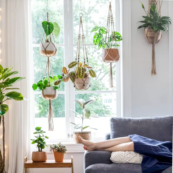Mkono Macrame Plant Hangers Set of 4 Indoor Hanging Planter Basket Wall Decorative Flower Pot Holder with 4 Hooks for Indoor Outdoor Home Decor Gift Box IvoryBrown