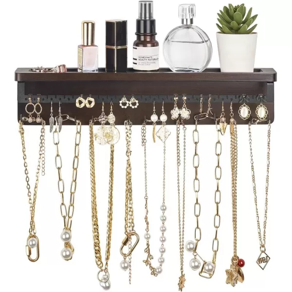 Mkono Hanging Wall Mount Jewelry Organizer Rustic Necklace Holder Earrring Dispaly Rack with Shelf and Hooks