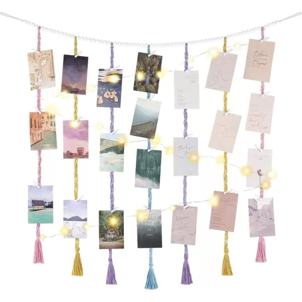 Mkono Macrame Hanging Photo Display Wall Decor with String Lights Boho Wooden Beads Garland Collage Picture Card Frame Holder with 45 Clips for Bedroom Living Room Dorm Teen Girl Teenage GiftsMulti