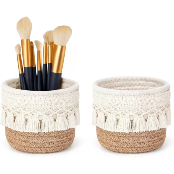 Mkono Macrame Makeup Brush Holder Organizer Comb Brushes Mini Storage Basket Set of 2 Boho Decor Baskets for Pen Pencil Box Container IvoryBrown