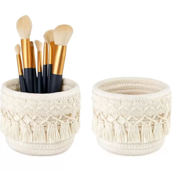 Mkono Macrame Makeup Brush Holder Organizer Comb Brushes Mini Storage Basket Set of 2 Boho Decor Baskets for Pen Pencil Box Container IvoryIvory