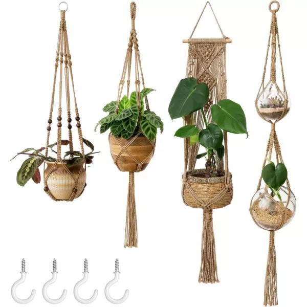 Mkono Macrame Plant Hangers Set of 4 Indoor Hanging Planter Basket Wall Decorative Flower Pot Holder with 4 Hooks for Indoor Outdoor Home Decor Gift Box IvoryBrown