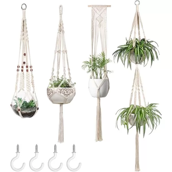 Mkono Macrame Plant Hangers Set of 4 Indoor Hanging Planter Basket Wall Decorative Flower Pot Holder with 4 Hooks for Indoor Outdoor Home Decor Gift Box IvoryIvory