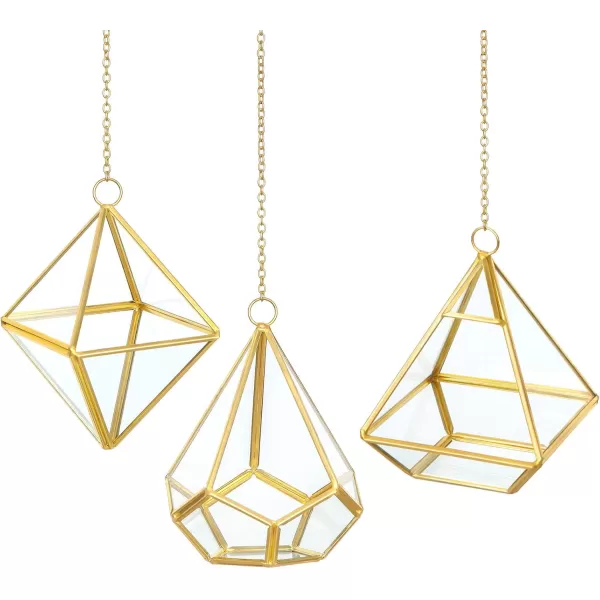 Mkono 3 Pcs Small Hanging Glass Terrarium Geometric Container Vertical Modern Planter Windowsill Decor Gift for Succulent Fern Moss Air Plants Miniature GardenGold