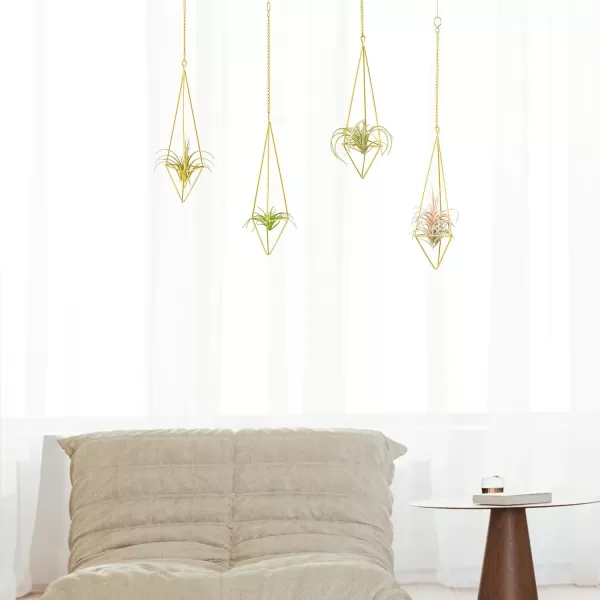 Mkono 4 Pack Air Plant Holder Metal Himmeli Decor Modern Geometric PlanterHanging Airplants Rack for Home for Plant LoversGold