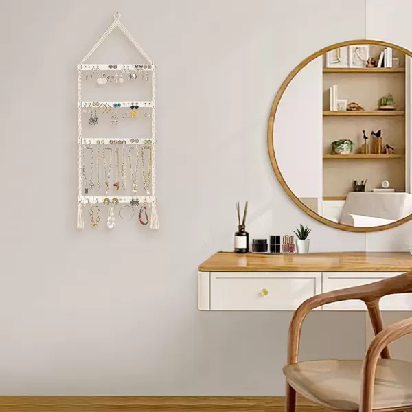 Mkono Hanging Jewelry Organizer Macrame Necklace Holder Wall Mounted Jewelry Hanger Earring Holder Organizer Boho Decor Over Door Jewelry Display Necklace Rack for Necklaces Bracelets Earrings