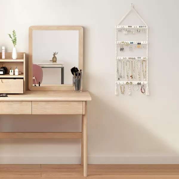 Mkono Hanging Jewelry Organizer Macrame Necklace Holder Wall Mounted Jewelry Hanger Earring Holder Organizer Boho Decor Over Door Jewelry Display Necklace Rack for Necklaces Bracelets Earrings