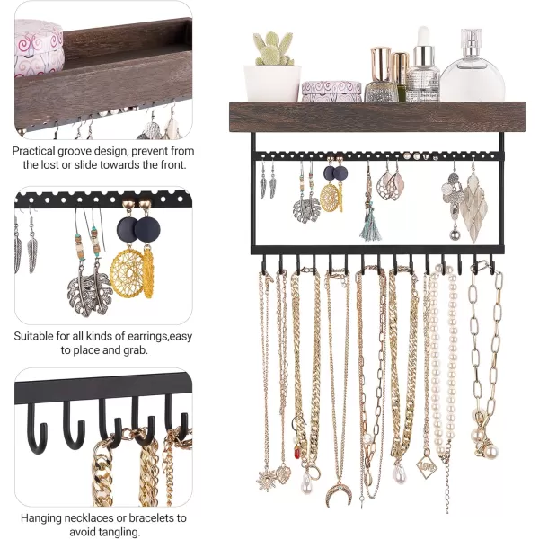 Mkono Hanging Jewelry Organizer Necklace Holder with Hooks Rustic Wall Mount Wood Shelf Jewelry Hanger Display for Earrings Necklaces Bracelet Rings