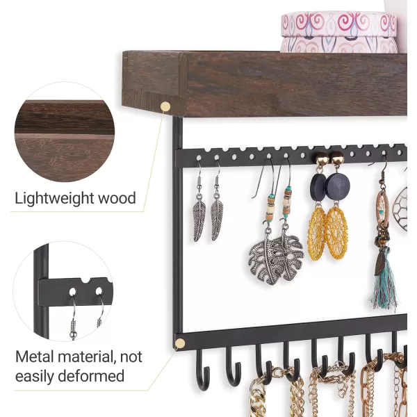 Mkono Hanging Jewelry Organizer Necklace Holder with Hooks Rustic Wall Mount Wood Shelf Jewelry Hanger Display for Earrings Necklaces Bracelet Rings