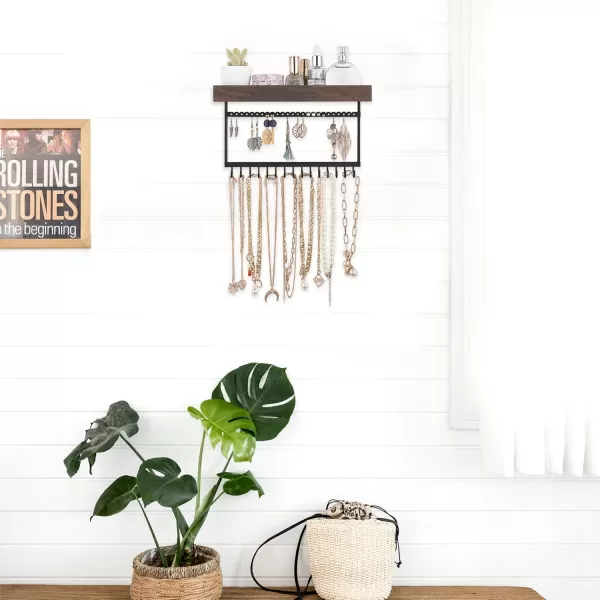 Mkono Hanging Jewelry Organizer Necklace Holder with Hooks Rustic Wall Mount Wood Shelf Jewelry Hanger Display for Earrings Necklaces Bracelet Rings