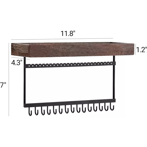 Mkono Hanging Jewelry Organizer Necklace Holder with Hooks Rustic Wall Mount Wood Shelf Jewelry Hanger Display for Earrings Necklaces Bracelet Rings