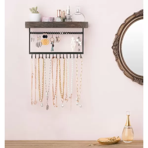 Mkono Hanging Jewelry Organizer Necklace Holder with Hooks Rustic Wall Mount Wood Shelf Jewelry Hanger Display for Earrings Necklaces Bracelet Rings