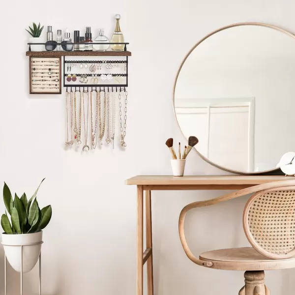 Mkono Hanging Jewelry Organizer Wall Mounted Jewelry Organizer Necklace Holder with Rustic Wood Shelf Ring Display Box Ear Studs Earring Holder Bracelet Organizer