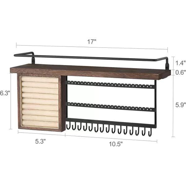 Mkono Hanging Jewelry Organizer Wall Mounted Jewelry Organizer Necklace Holder with Rustic Wood Shelf Ring Display Box Ear Studs Earring Holder Bracelet Organizer