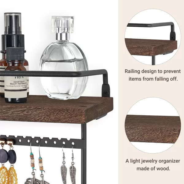 Mkono Hanging Jewelry Organizer Wall Mounted Jewelry Organizer Necklace Holder with Rustic Wood Shelf Ring Display Box Ear Studs Earring Holder Bracelet Organizer