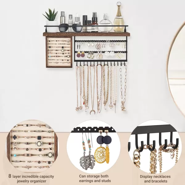 Mkono Hanging Jewelry Organizer Wall Mounted Jewelry Organizer Necklace Holder with Rustic Wood Shelf Ring Display Box Ear Studs Earring Holder Bracelet Organizer