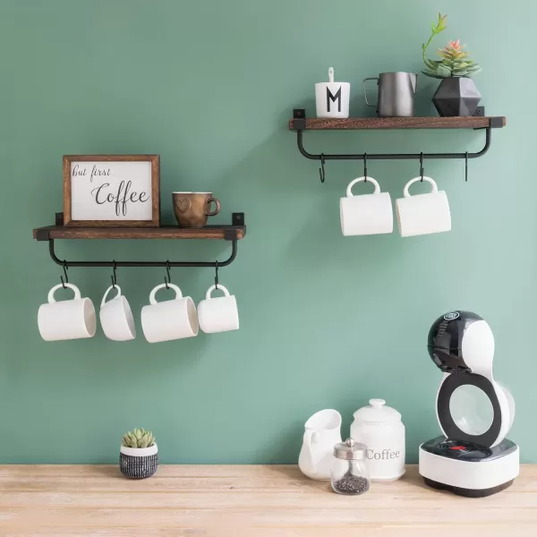 Mkono Mug Holder Wall Mounted Coffee Mug Rack Set of 2 Rustic Floating Shelf for Coffee Bar Accessories Wood Tea Cup Hooks Hanger for Organizing Cooking Utensils Home Kitchen Decor GreyBrown