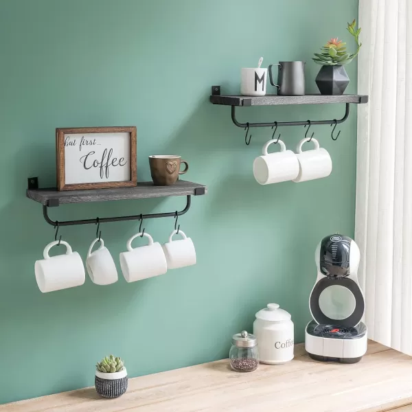 Mkono Mug Holder Wall Mounted Coffee Mug Rack Set of 2 Rustic Floating Shelf for Coffee Bar Accessories Wood Tea Cup Hooks Hanger for Organizing Cooking Utensils Home Kitchen Decor GreyGray