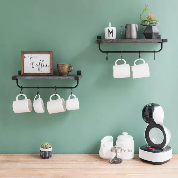 Mkono Mug Holder Wall Mounted Coffee Mug Rack Set of 2 Rustic Floating Shelf for Coffee Bar Accessories Wood Tea Cup Hooks Hanger for Organizing Cooking Utensils Home Kitchen Decor GreyGray