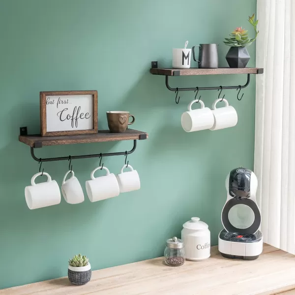Mkono Mug Holder Wall Mounted Coffee Mug Rack Set of 2 Rustic Floating Shelf for Coffee Bar Accessories Wood Tea Cup Hooks Hanger for Organizing Cooking Utensils Home Kitchen Decor GreyBrown