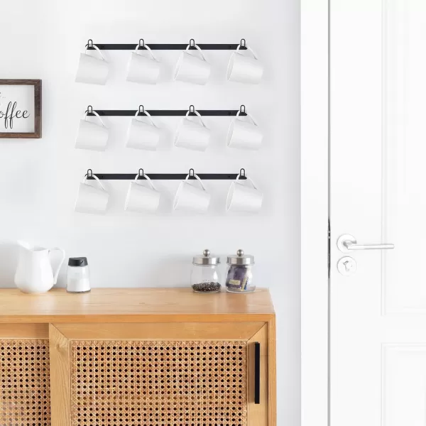 Mkono Mug Holder Wall Mounted Metal Coffee Cup Holder Hanging Coffee Mug Rack with 12 Cup Hooks Rustic Mug Hanger for Coffee BarKitchen Farmhouse Home DecorBlackSet of 3