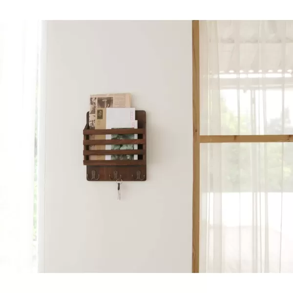 Mkono Rustic Wood Mail Bill Organizer Key Holder for Wall Wooden Small Mail Sorter with 3 Double Hooks for Mails Letter Bills Magazine Storage Organization Home Decor for Entryway Office Garage