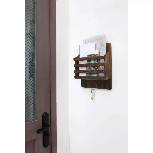 Mkono Rustic Wood Mail Bill Organizer Key Holder for Wall Wooden Small Mail Sorter with 3 Double Hooks for Mails Letter Bills Magazine Storage Organization Home Decor for Entryway Office Garage