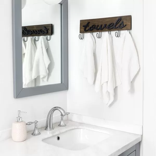 Mkono Towel Holder Wall Mounted Towel Rack Bathroom Decor Rustic Wood Towel Hooks to Hang Towels Bathroom Robe Coat Clothing Bath Towel Hanger Storage Home Decor Organizer MediumBrown