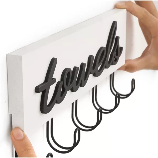 Mkono Towel Holder Wall Mounted Towel Rack Bathroom Decor Rustic Wood Towel Hooks to Hang Towels Bathroom Robe Coat Clothing Bath Towel Hanger Storage Home Decor Organizer MediumWhite