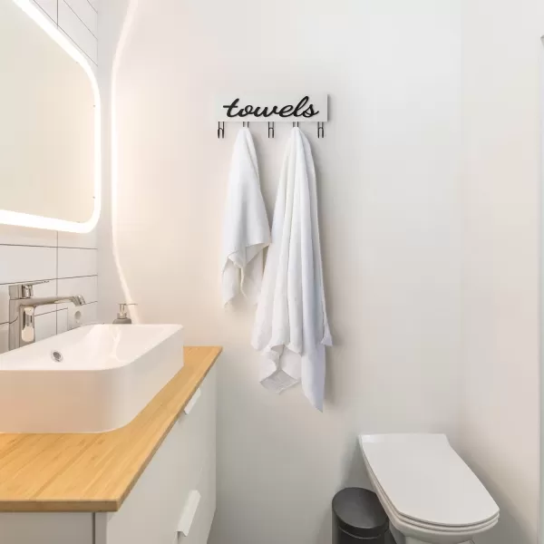 Mkono Towel Holder Wall Mounted Towel Rack Bathroom Decor Rustic Wood Towel Hooks to Hang Towels Bathroom Robe Coat Clothing Bath Towel Hanger Storage Home Decor Organizer MediumWhite