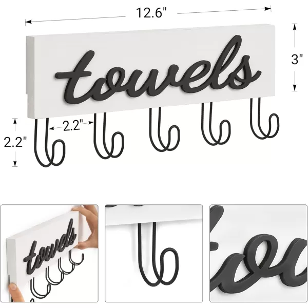 Mkono Towel Holder Wall Mounted Towel Rack Bathroom Decor Rustic Wood Towel Hooks to Hang Towels Bathroom Robe Coat Clothing Bath Towel Hanger Storage Home Decor Organizer MediumWhite