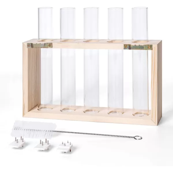 Mkono Wall Hanging Glass Planter Plant Terrarium Modern Flower Bud Vase in Wood Stand Rack Tabletop Terrarium for Propagating Hydroponic Plants Home Office Decoration with 5 Test Tube Medium BrownBeige