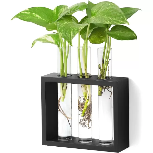 Mkono Wall Hanging Glass Planter Plant Terrarium Modern Flower Bud Vase in Wood Stand Rack Tabletop Terrarium for Propagating Hydroponic Plants Home Office Decoration with 5 Test Tube Medium BrownBlack