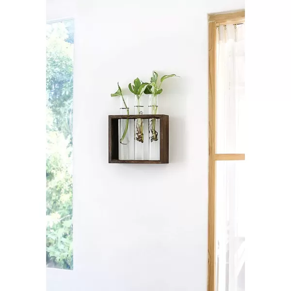 Mkono Wall Hanging Glass Planter Plant Terrarium Modern Flower Bud Vase in Wood Stand Rack Tabletop Terrarium for Propagating Hydroponic Plants Home Office Decoration with 5 Test Tube Medium BrownBrown