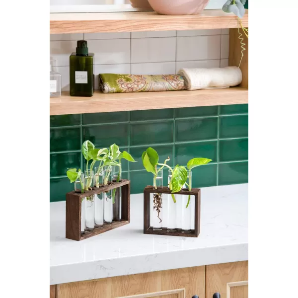 Mkono Wall Hanging Glass Planter Plant Terrarium Modern Flower Bud Vase in Wood Stand Rack Tabletop Terrarium for Propagating Hydroponic Plants Home Office Decoration with 5 Test Tube Medium BrownBrown
