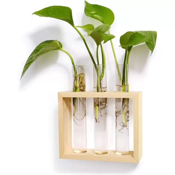 Mkono Wall Hanging Glass Planter Plant Terrarium Modern Flower Bud Vase in Wood Stand Rack Tabletop Terrarium for Propagating Hydroponic Plants Home Office Decoration with 5 Test Tube Medium BrownBeige